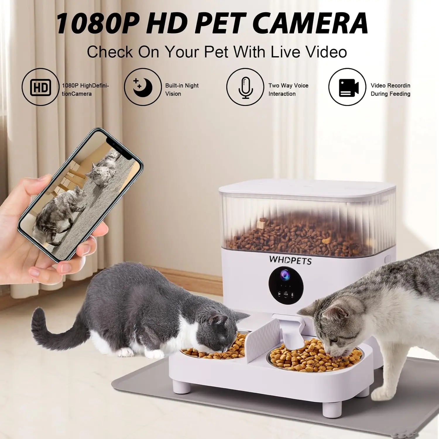 WHDPETS Automatic Cat Feeders 5G WiFi Cat Food Dispenser with 1080P Camera for Pets 5L Pet Feeder with Feeding Mat APP Control