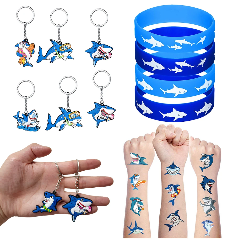 6Pcs shark party favors gift shark Silicone Bracelet Wristband shark keychain tattoo for kids sea shark Birthday Party decortion