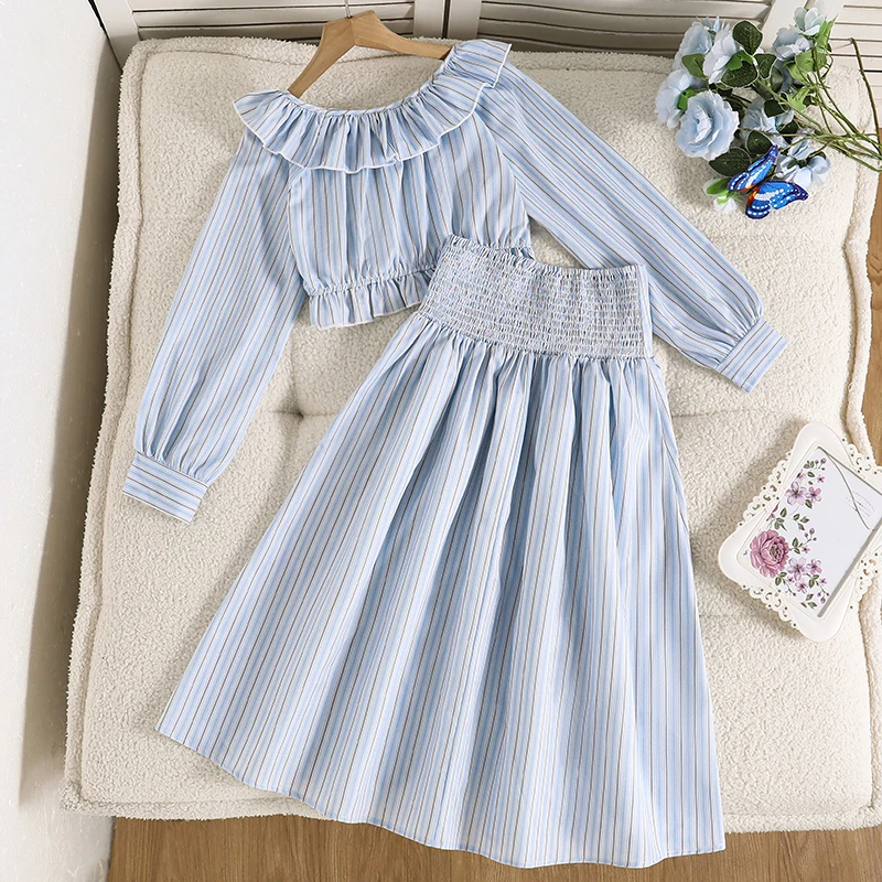Teen Girls Spring Vertical Stripe Co-ord Outfit, Elastic Waist Flounce Collar Blouse Match Smocked High Waist Swing Skirt