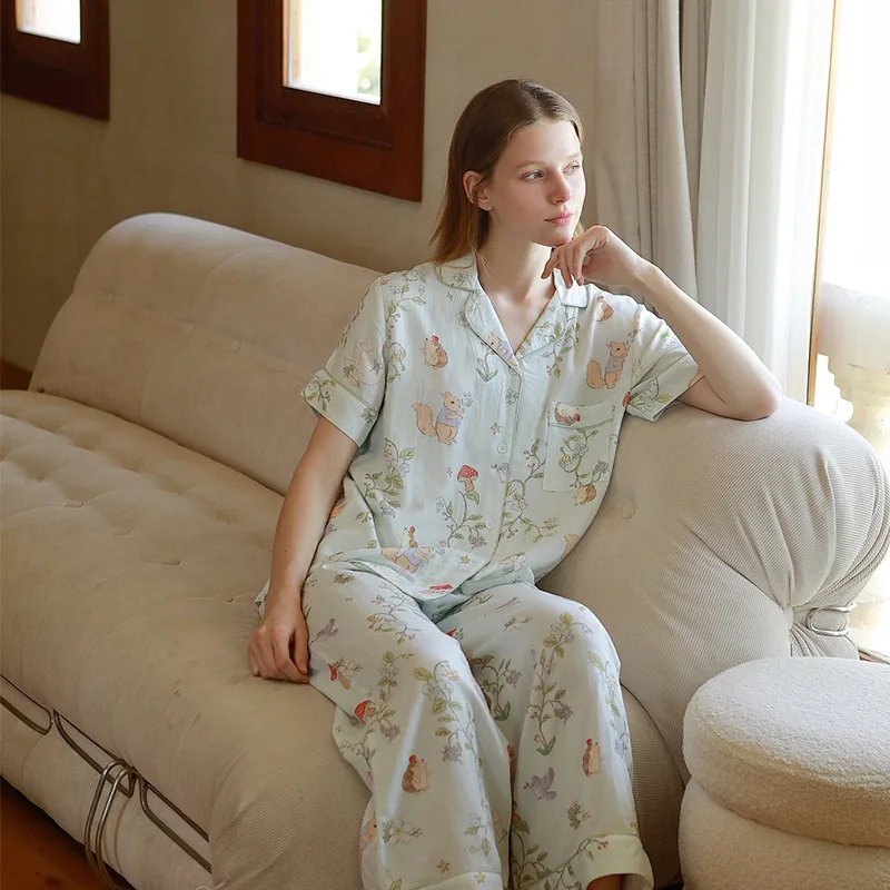 

Women Summer Short Sleeves Sleepwear Loose Design Turn-Down Collar Cardigan Pajamas Casual Long Pants Two-Pieces Pyjama Sets New