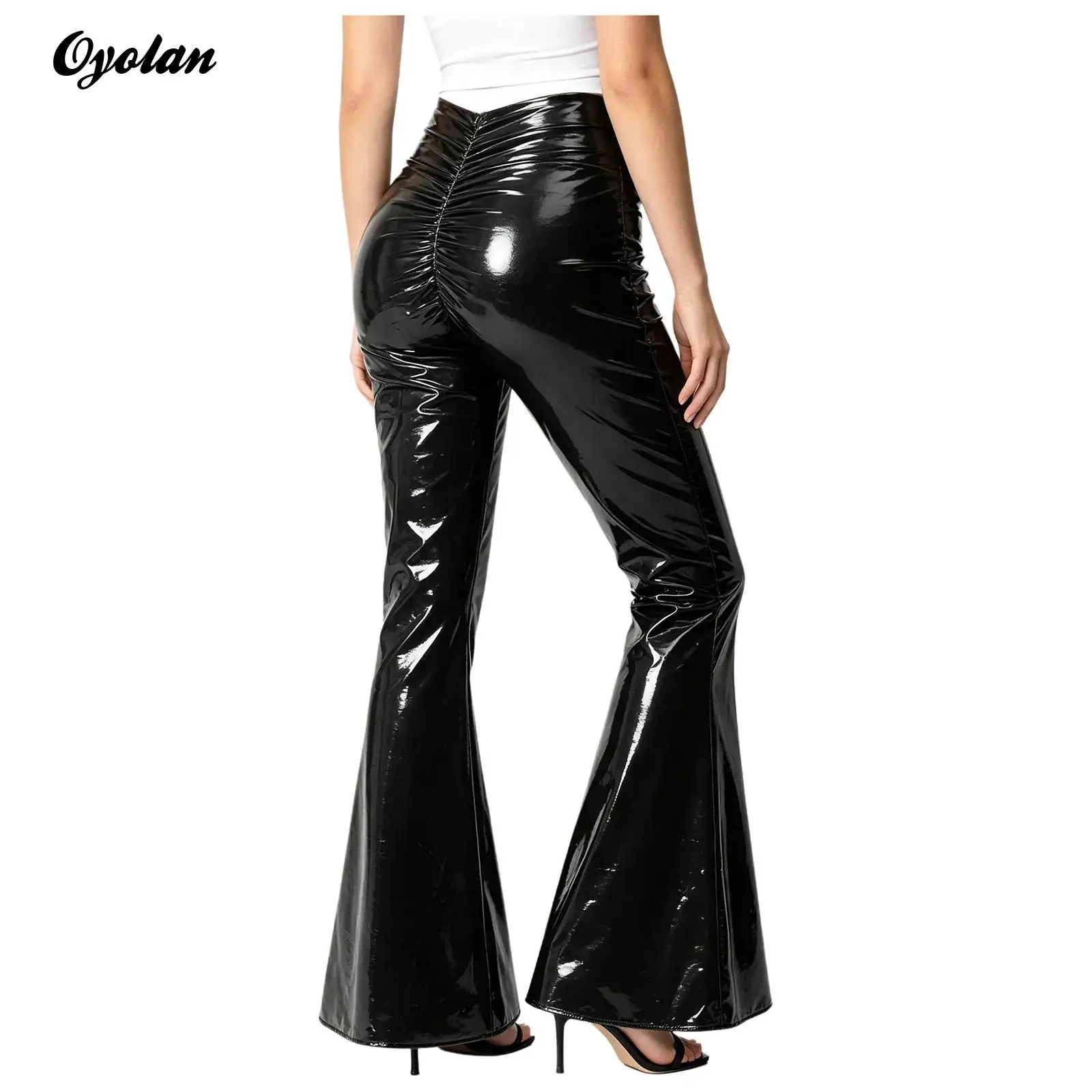 Womens Wet Look Glossy PU Leather Y2K Flared Pants Clubwear High Waist Back Ruched V-shaped Bell Bottom Trousers Disco Costume