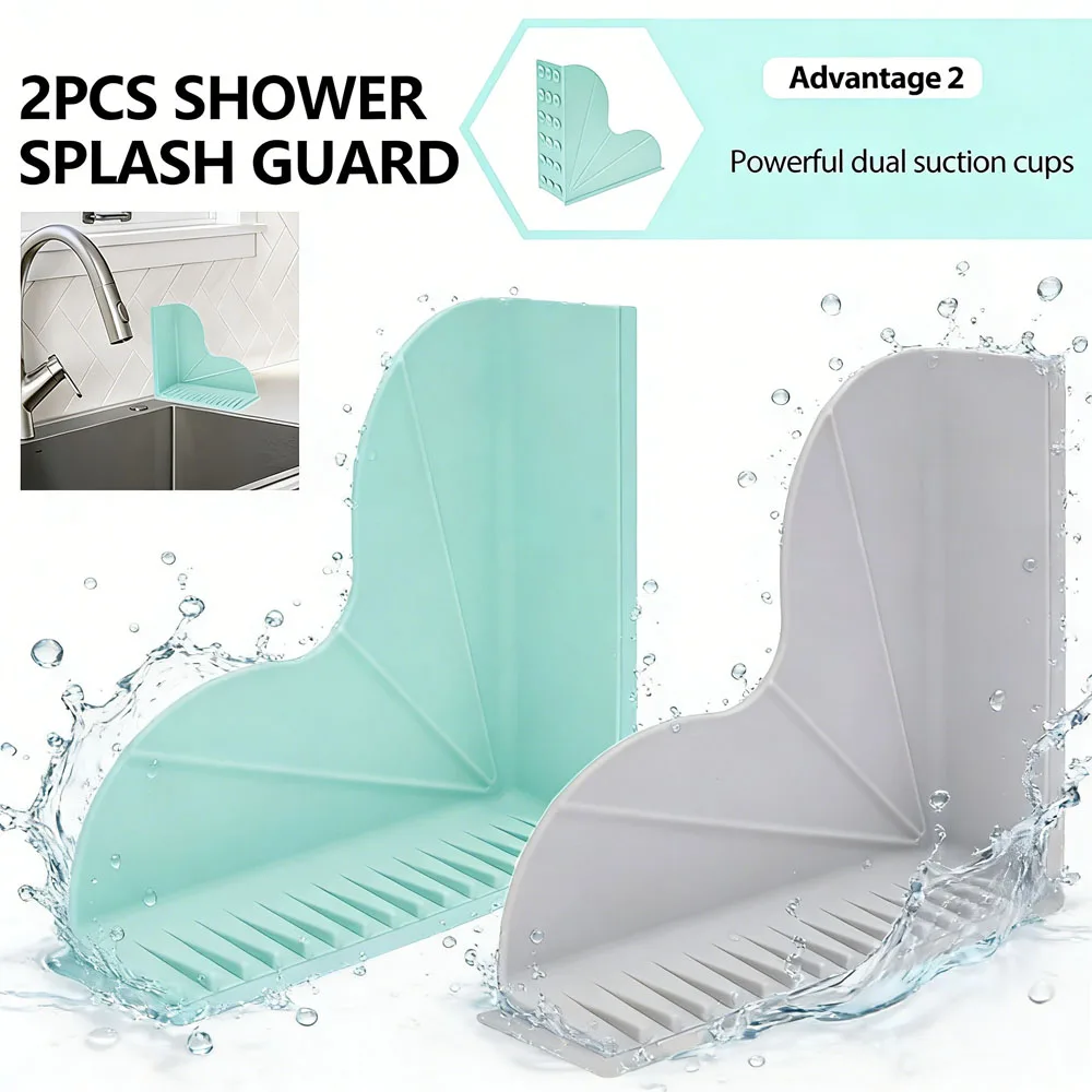 

2Pcs Shower Splash Guard Silicone Shower Water Guard with Strong Suction Cups Reusable Bathtub Corner Splash Guard for Bathroom