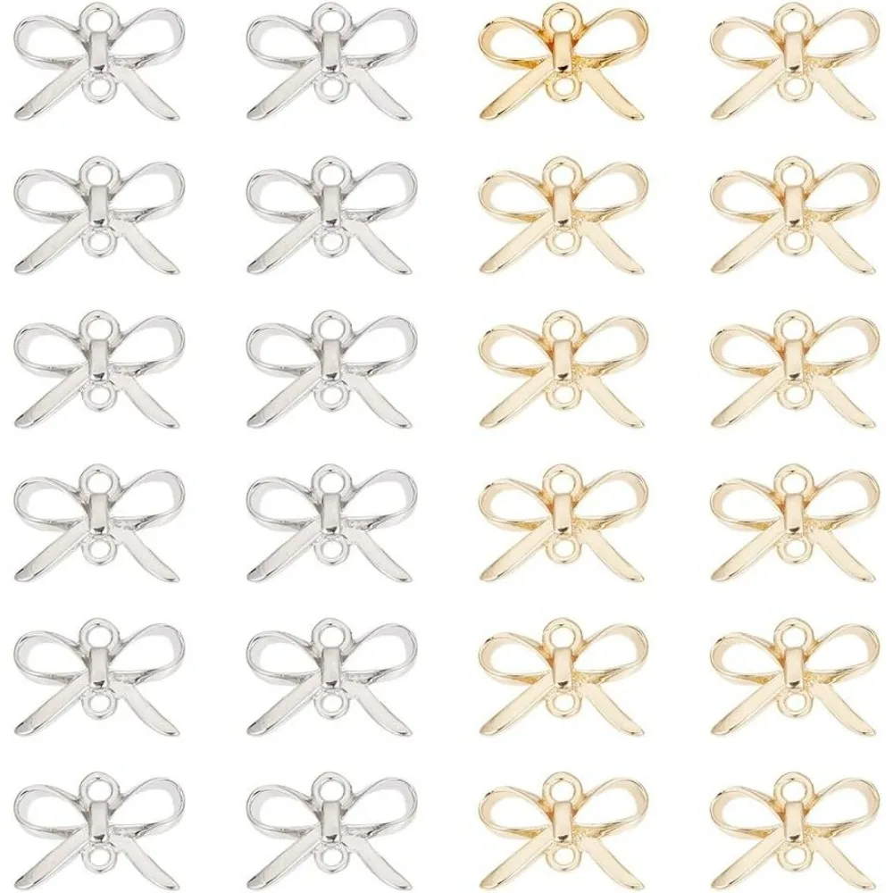 24 Pcs Bow Connector Charms 2 Colors Brass Bowknot Charms Metal Connector Pendants Charms with 2 Holes for Necklace Bracelet