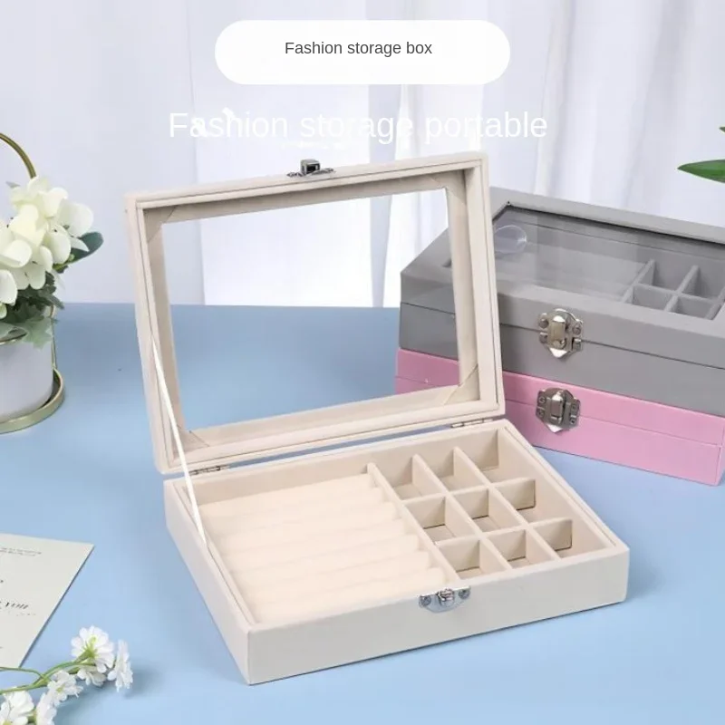 Large Capacity Nine Grid Jewelry Box, Necklace, Earring, Earring, Ring, Dust-proof Storage Box Display Box Bring A Mirror