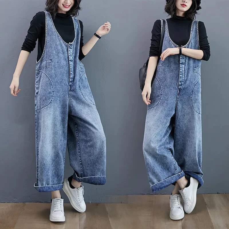 Jeans riemen hose für Damen Streetwear 2024 Frühling/Sommer lose weites Bein lange Jeans Mode lässig Student Denim Overall