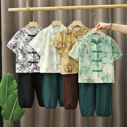 Boys' Chinese Style Set New Western-style Summer Short Sleeved Capri Pants Chinese Style Frog Buttoned Printing Hanfu Tang Suit