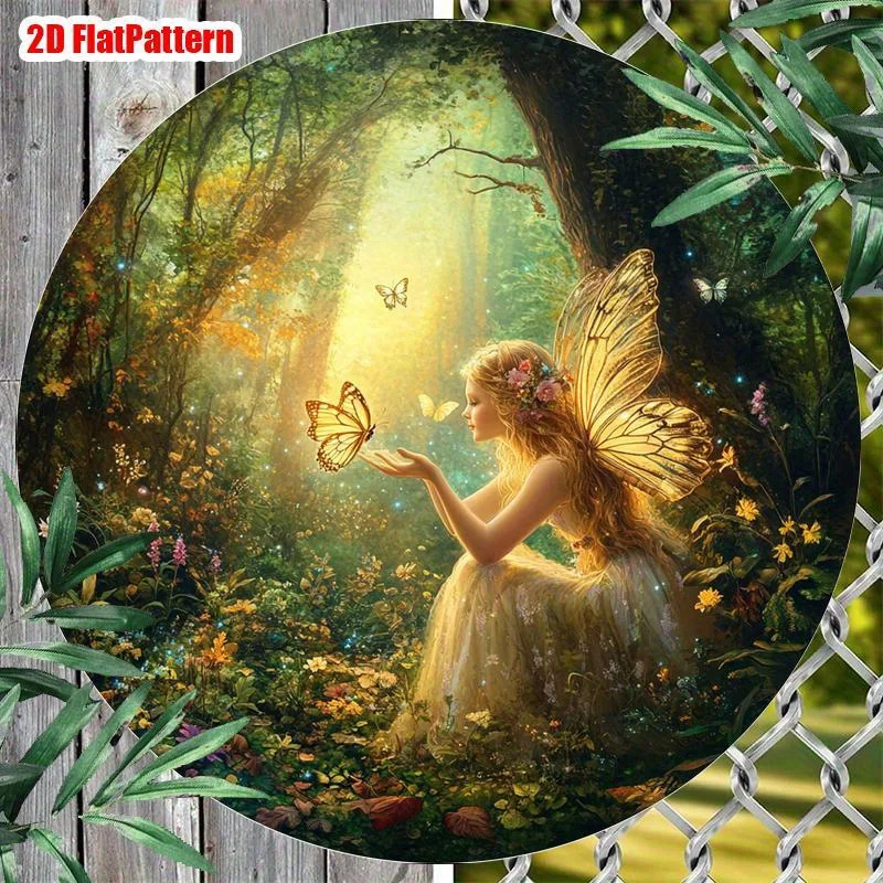 2D Flat - Vintage Round Wall Decoration Made of Aluminum Featuring a 2D Flat Design of an Elf Fairy, Suitable for Various Occasi