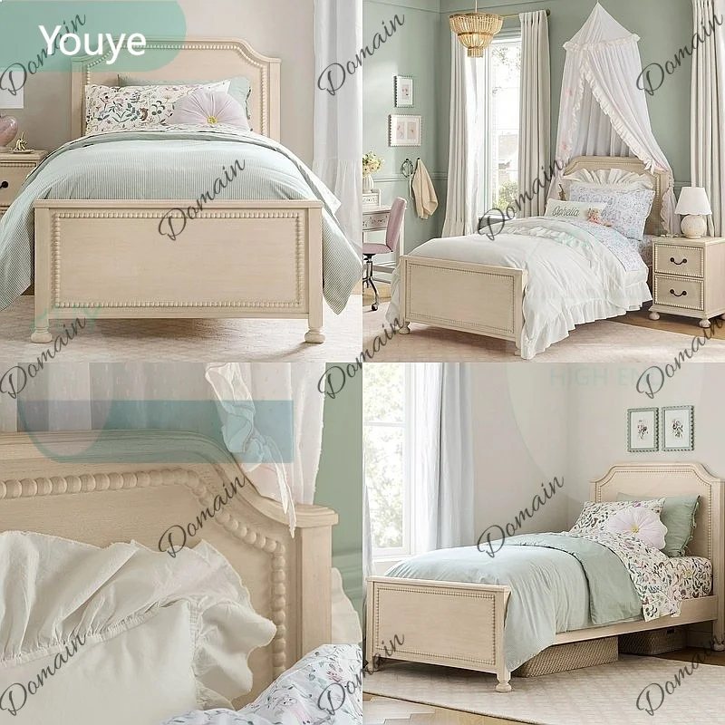 ZL Cream Beige Carved Solid Wood Single Bed, Rustic Girl Bedroom Light Luxury Simple Double Bed