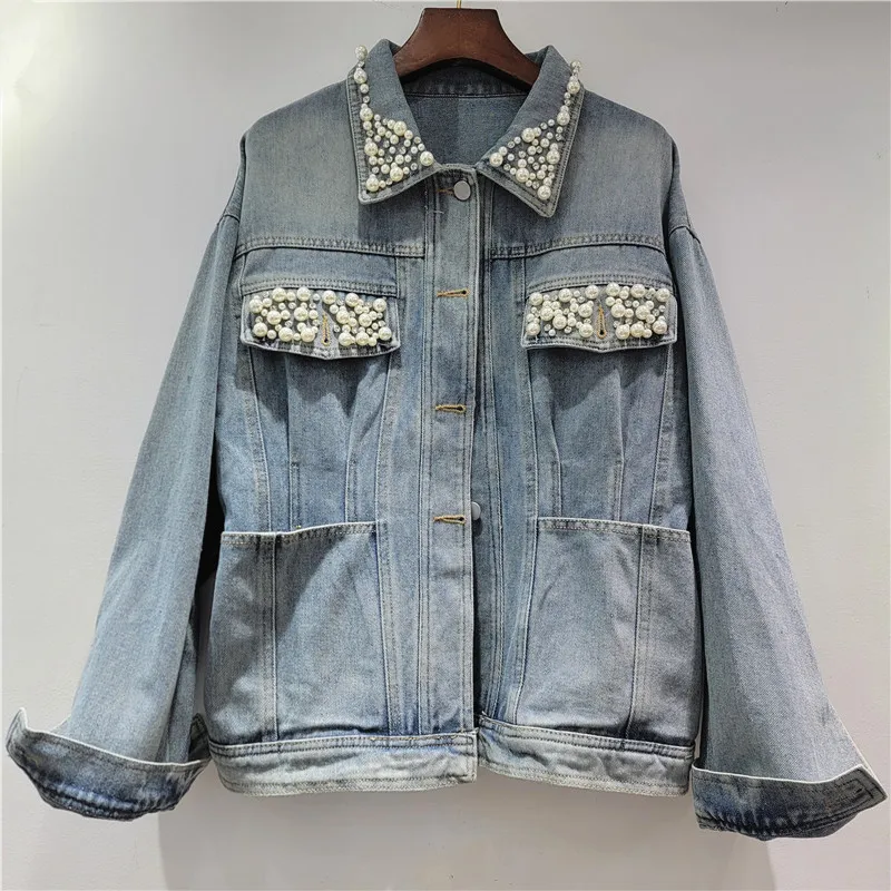 

Vintage Washed Blue Denim Jacket Women Spring Autumn Heavy Work Pearl Beading Big Pocket Jeans Jacket Streetwear