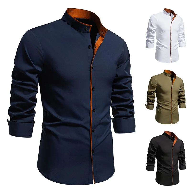 Autumn Men's New Casual Fashion Henry Collar Color Matching Long-sleeved Shirt