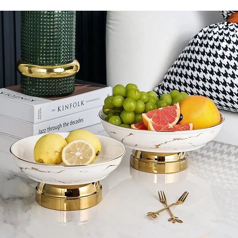 Imitation Marble Ceramic High-footed Fruit Plate Light Luxury Home Living Room Desktop Snack Dessert Tableware