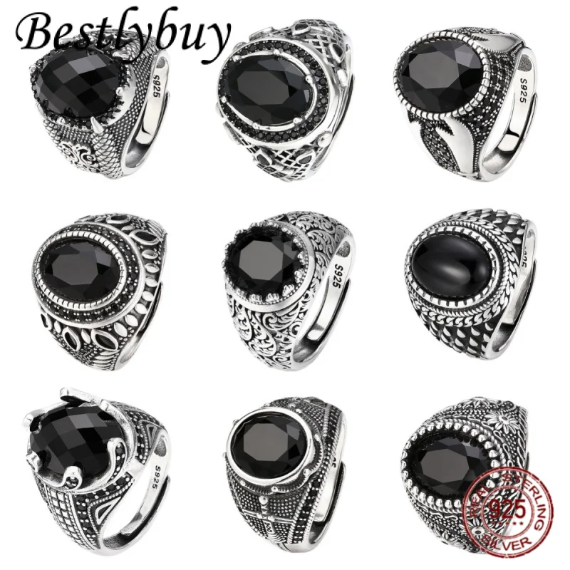 

НОВОЕ черное кольцо с индейкой, стерлинговое серебро 925 пробы, черный агат, винтажное модное резьба по натуральному камню, ювелирные изделия в стиле панк