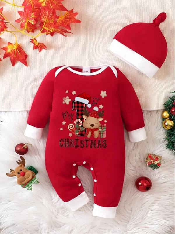 Christmas Limited Edition round Neck Romper Suit with Hat for Newborn Baby Spring Autumn Holiday Gift