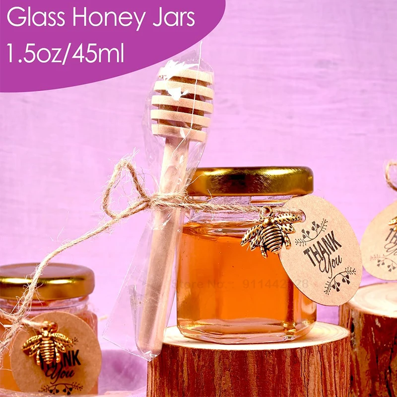 IN STOCK 10/20 1.5/2OZ Mini Hexagonal Glass Honey Jars With Gold Lids For Baby Shower Wedding And Party Favors