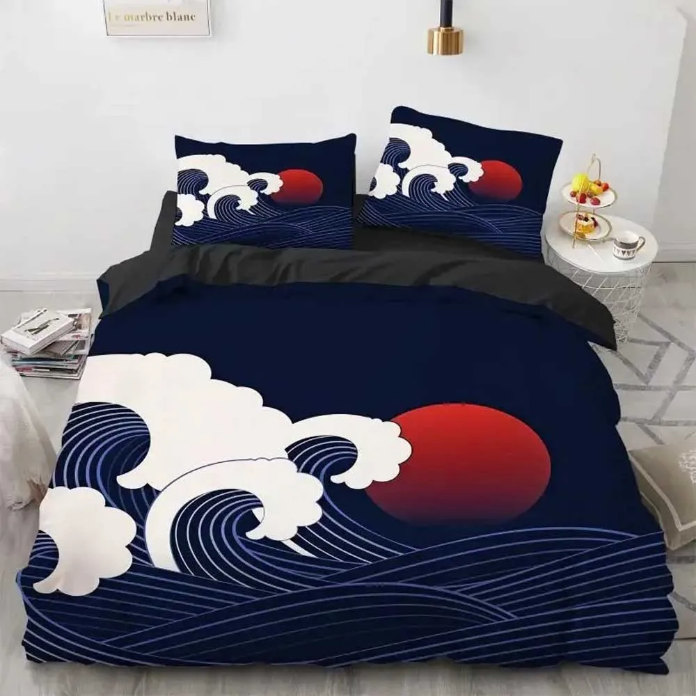 Ocean Waves Cartoon Bedding Set Blue Sea Fish Landscape Anime Print Duvet Cover Pillowcase Soft Kids Bedroom Bed Linens