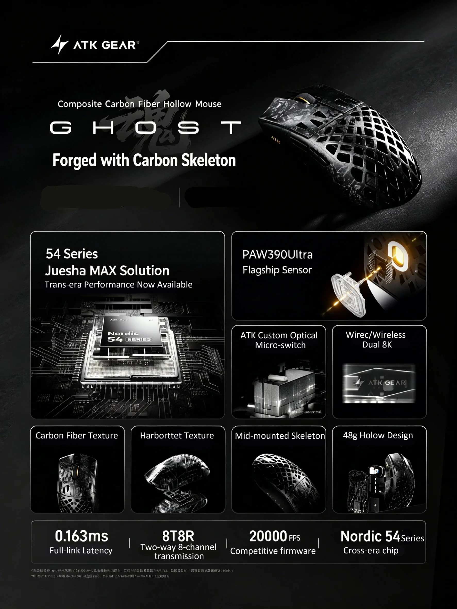 ATK GHOST PAW3950 Ultra 8K Polling Rate 48g 0.163ms Response Wireless Gaming Mouse Carbon Fiber Hollow-Out 2.4G Dual Mode Access