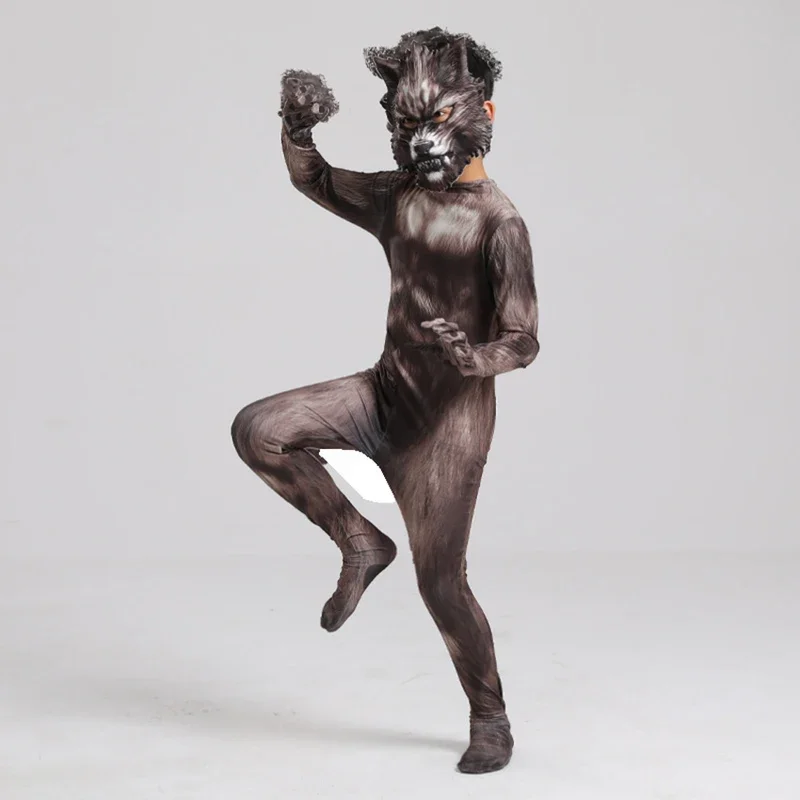 Déguisement de Loup-Garou Effrayant pour Enfant, Costume d'Halloween, Masque de Loup, Zentai