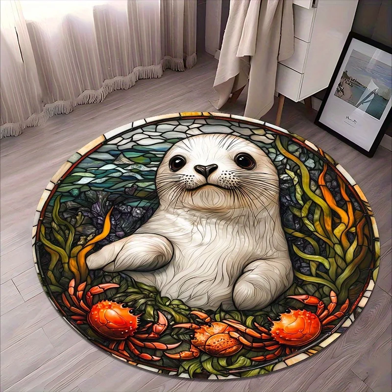 

Leopards and Crabs in the Ocean Flannel-printed round floor mats are slip-resistant Suitable living room terrace garden carpets