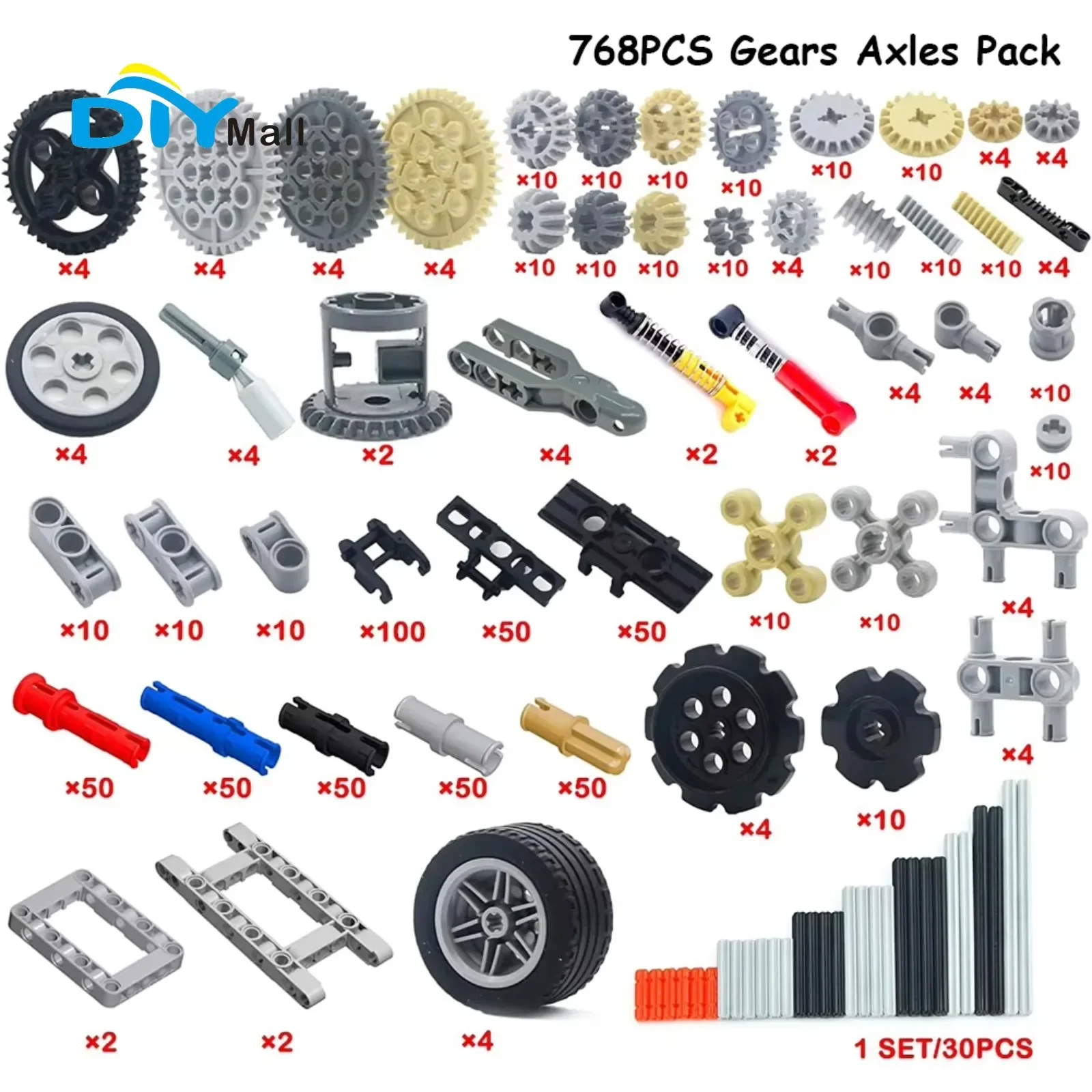 DIYmall 768PCS Technical Parts Cars Gears Axles Wheels Connectors Chain Link Pins Joints Shock Absorber MOC Building Blocks Set