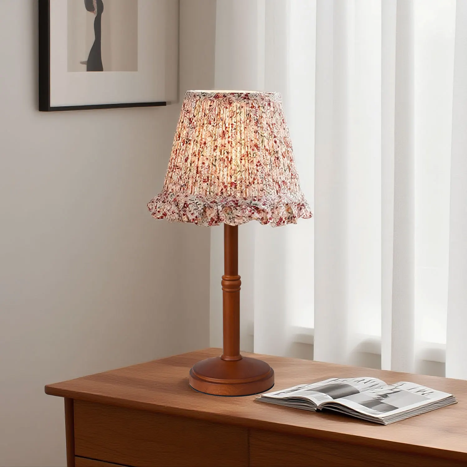 Mid-Century Small Table Lamp for Living Room Bedroom Study, Solid Wood Romantic Bedside Light, Minimalist Home Decor Accent