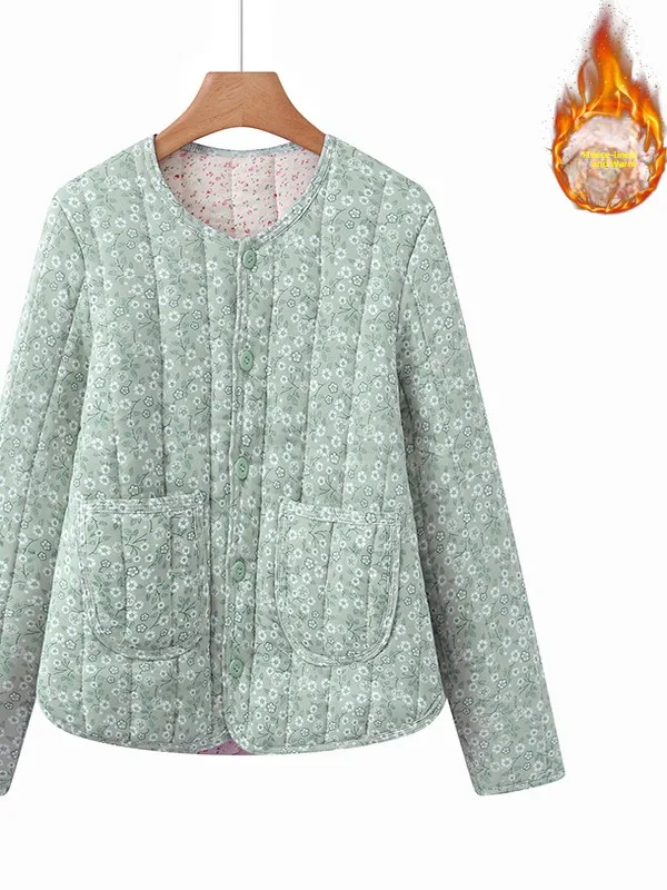 Thickened Floral Print Cotton Jacket Warm Comfortable Autumn Winter Outerwear Soft Inner  Elderly Women's Fashion