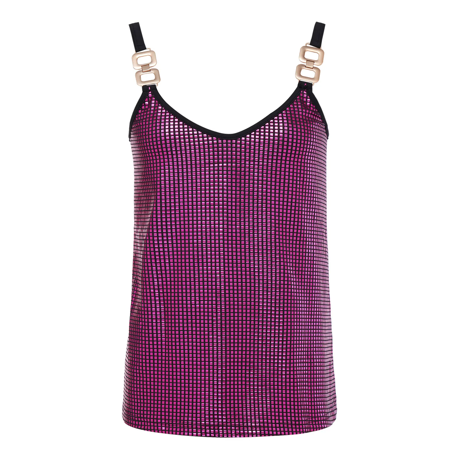 

Womens Metallic Shiny Sequin Camisole Shoulder Straps with Metal Buckle Detail V Neck Sleeveless Sling Top Vest Tank Top