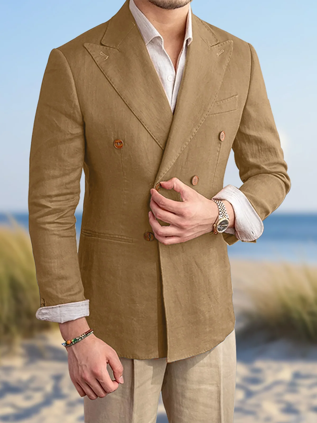 Summer Casual Linen Men Suit Peaked Lapel Double Breasted Slim Fit Tuxedo Suits for Men Blazers with Pants Homme Ensembles