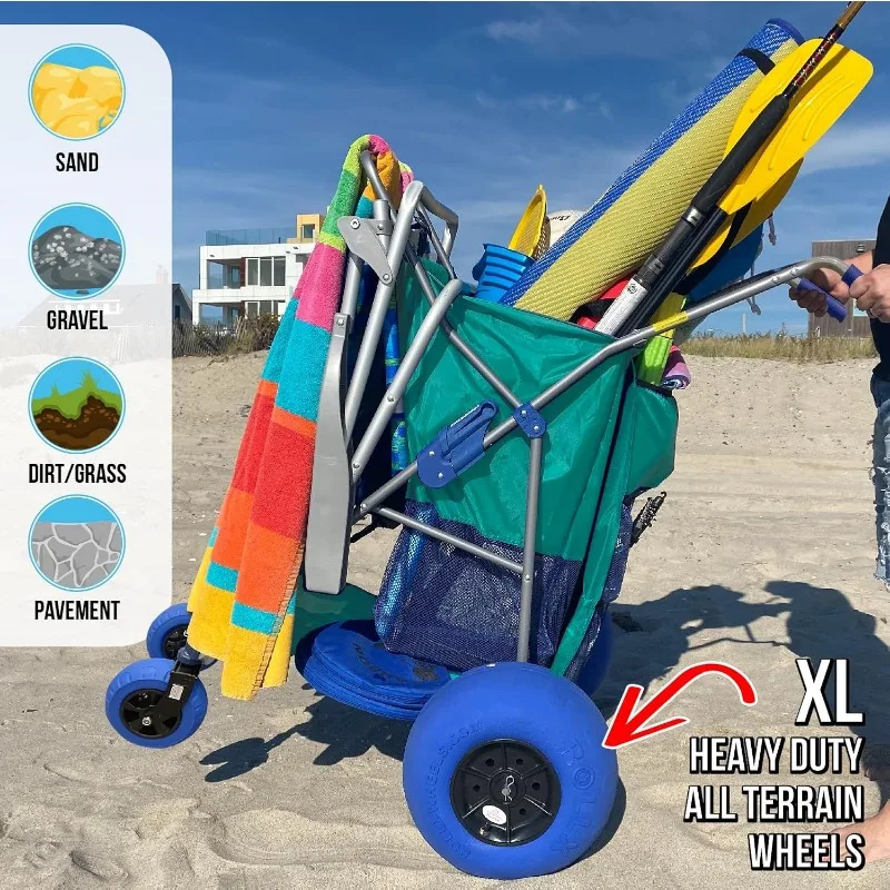 Beach Cart with 4 Balloon Wheels for Sand, Foldable Storage Wagon with Rear 13 Inch Beach Tires