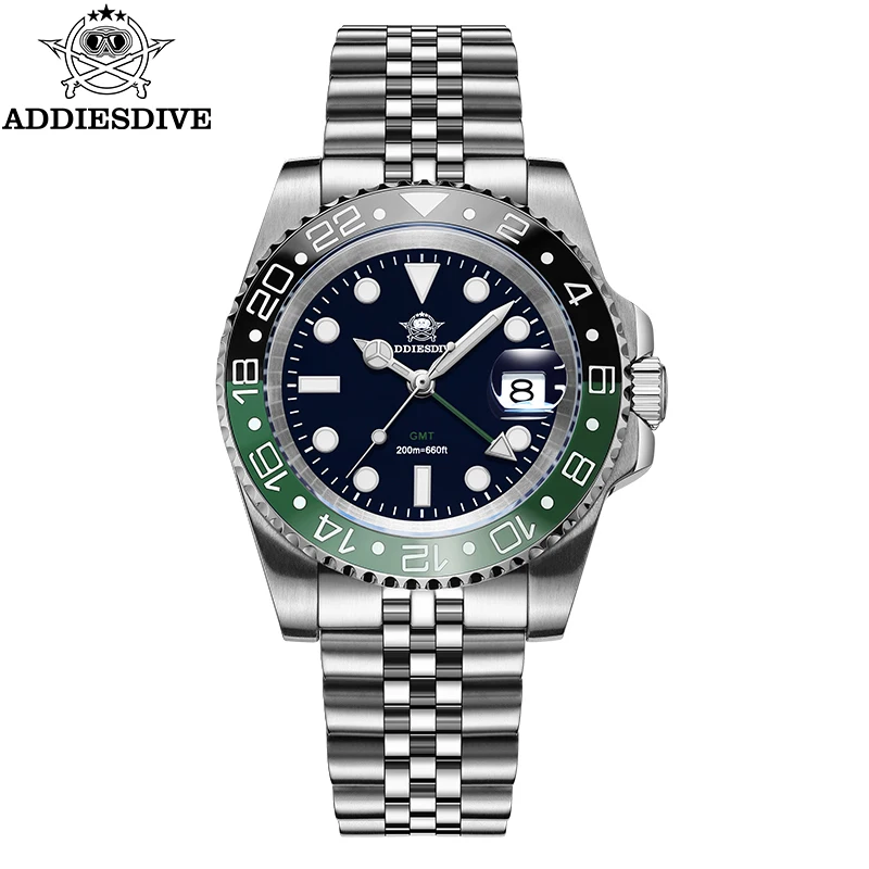 ADDIESDIVE Watch For Men 200M Diving 316L Stainless Steel Montre Homme BGW9 Super Luminous Swiss Ronda 515-24H GMT Quartz Watch