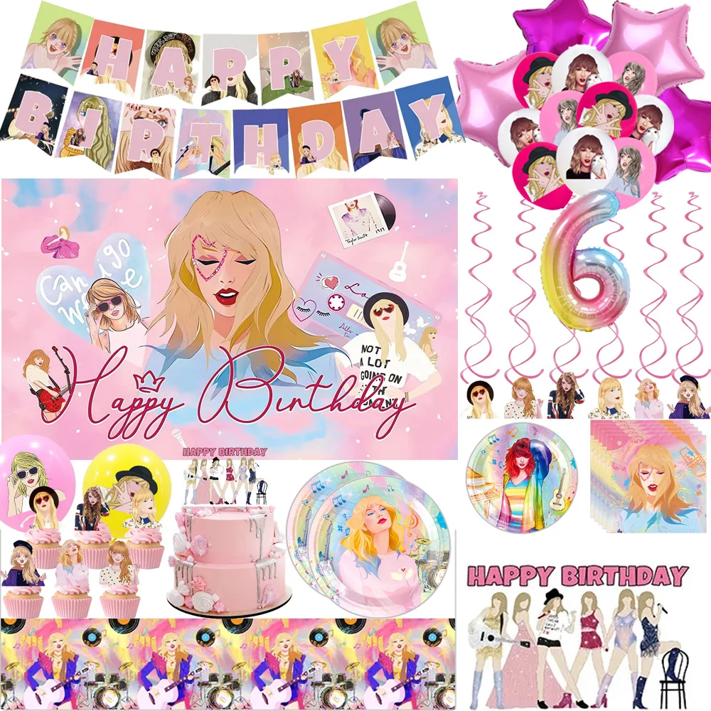 

American Taylor Swift theme birthday party decorations cups and plates balloons banner tablecloth party background girls gifts