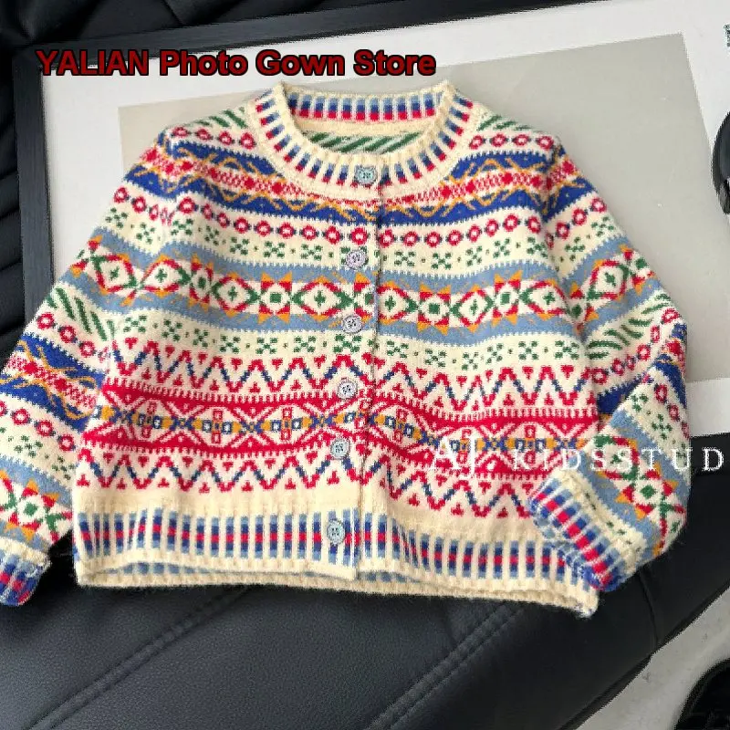 Girls Ethnic Style Cardigan Kids Autumn Winter Knit Cardigan Color Block Pattern Chic Top Toddler