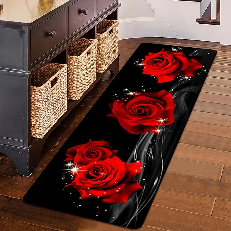Black Background Red Rose Starlight Shine Luxury Elegant Runner Rug for Living Room Romantic Floral Floor Mat Style