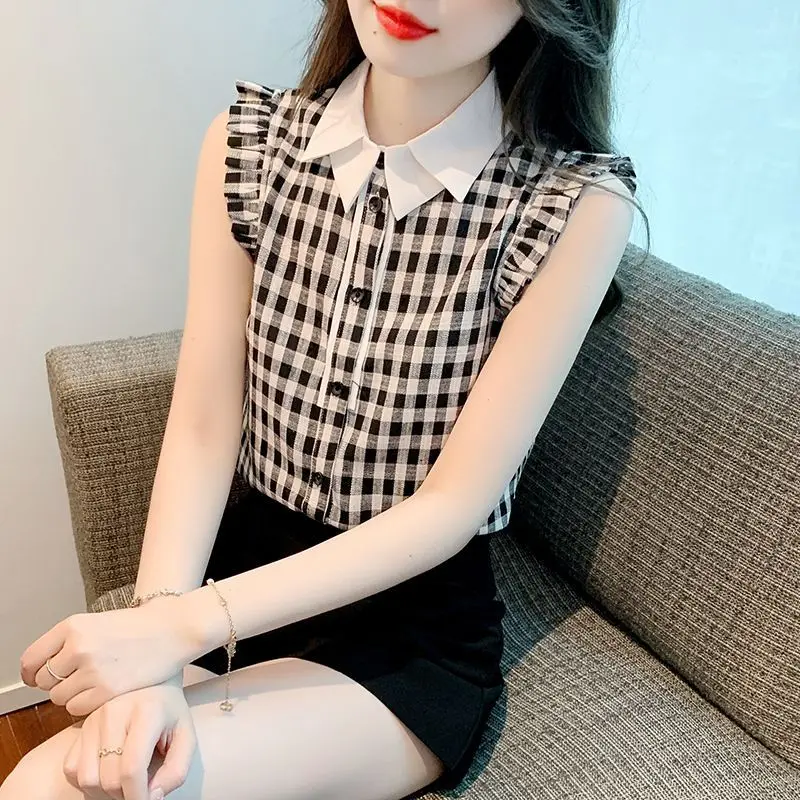 Plaid Contrast Patchwork Office Shirt Tops Summer New Polo Neck Ruffles Pleated Vintage Blouse Fashion Casual Women Clothing