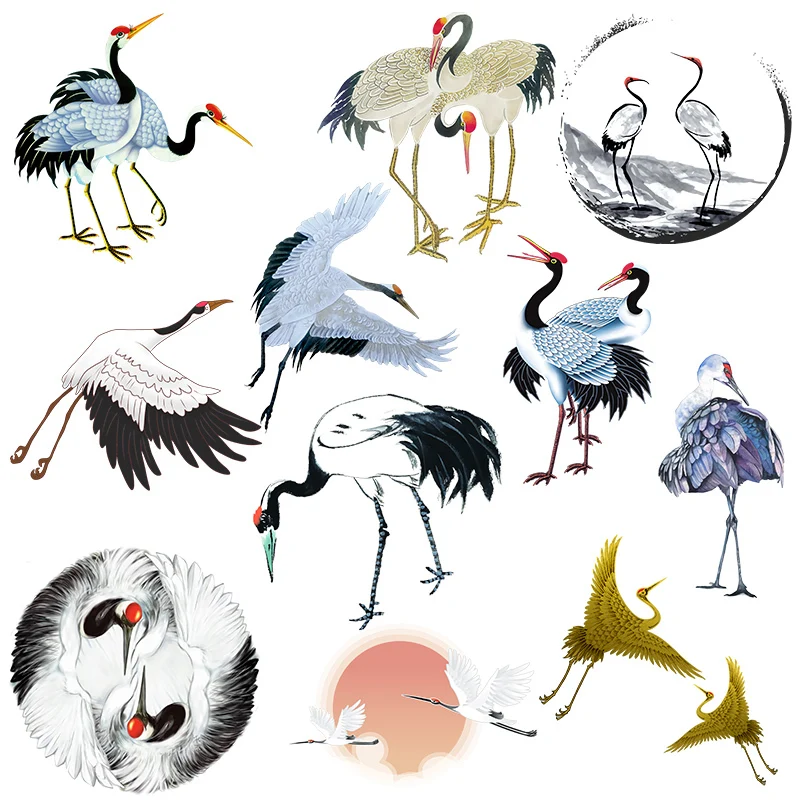 Chinese Style Crane Bird Animal Iron On Patches For DIY Heat Transfer Clothes T-Shirt Thermal Stickers Decoration Printing