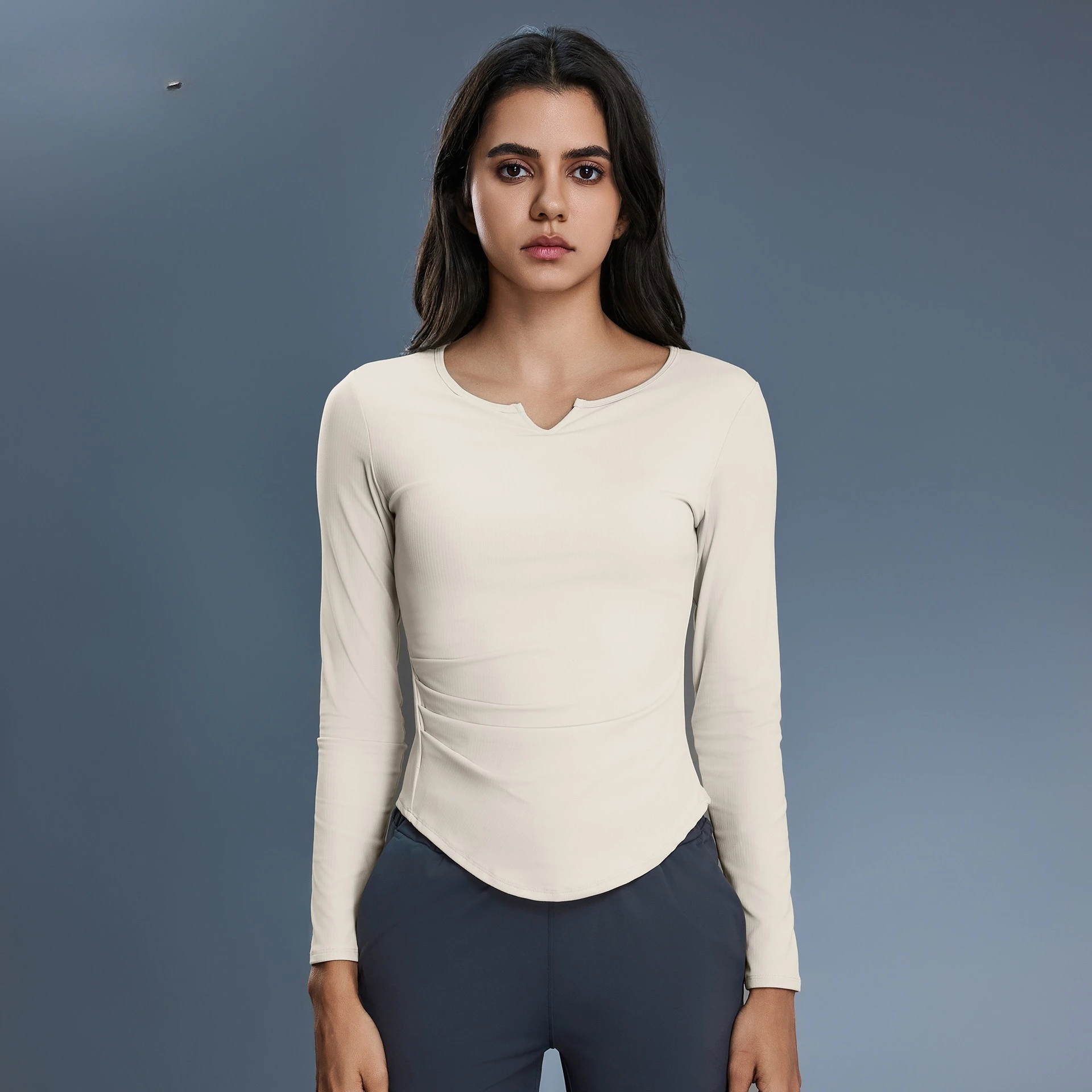 Lemon Women V Neck Slim Fit Long Sleeved Running T Shirt  Thumb Hole Sports Lightweight Shirts Hem T Shirt Tunic Pilates Top