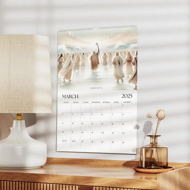 Calendario de pared de historias de la Biblia cristiana de Jesús 2025, calendario colgante de 12 meses, calendario de regalo de paisaje Natural de la Biblia cristiana