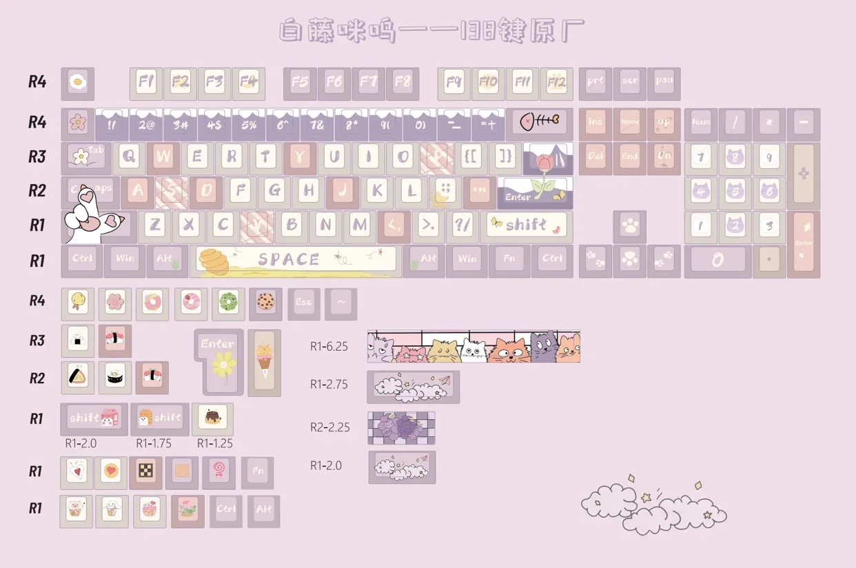 White vine Miwu keycap, no extra 1.5u, 3u, 7u