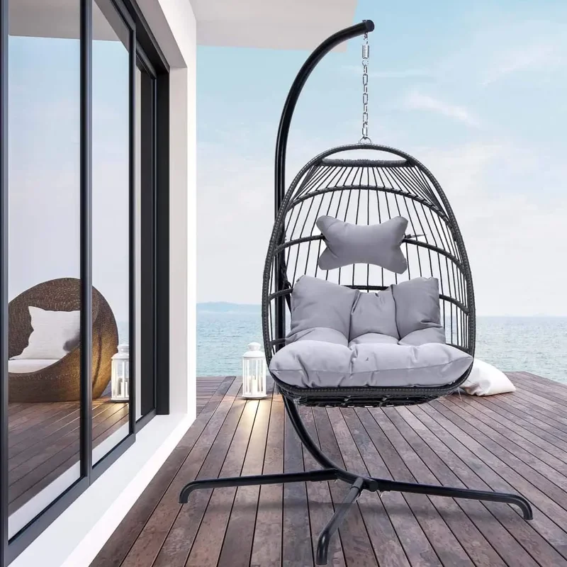 Foldable Outdoor Hanging Swing Chair Rattan Wicker Nest Seat for Hotel Terrace Balcony Garden Patio Furniture KD Pack