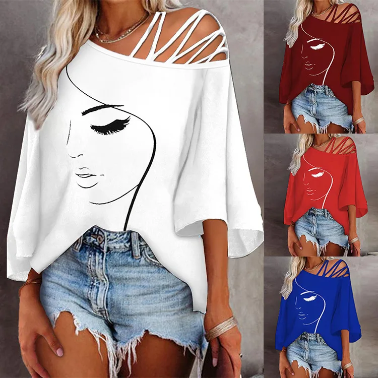 

T-shirt Women's Fall and Winter Fashion Splicing Loose Casual Hollow Sexy Printing Ladies Tops