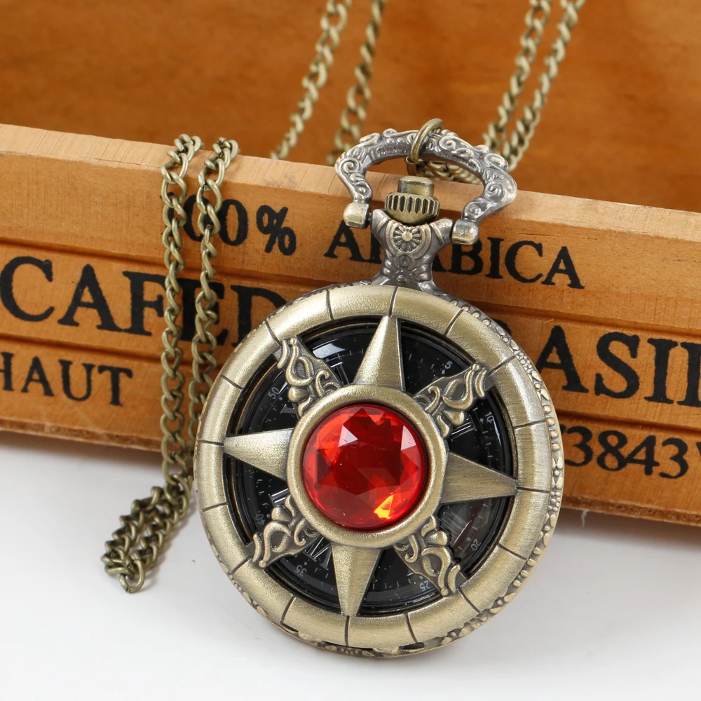 New Fashion Red Gemstone Inlaid Quartz Pocket Watch Women's Vintage Elegant Jewelry Necklace Pendant Gift