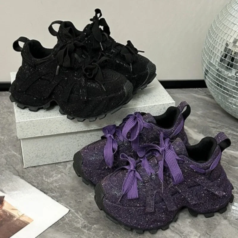 Full Diamond Lace-Up Sneakers Autumn New Round Toe Platform Low Top Single