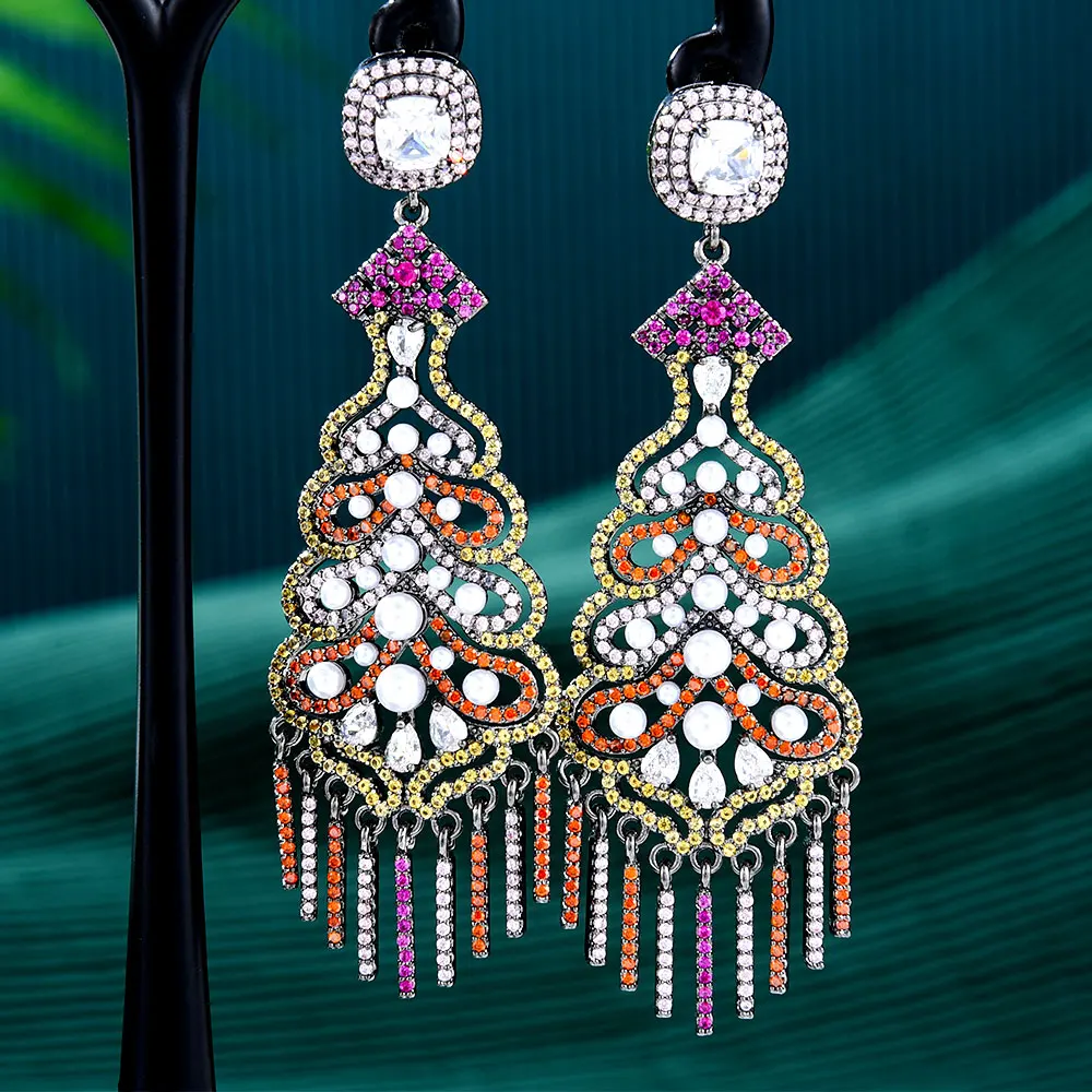 

GODKI BIG FASHION Luxury Feather Dangle Earrings For Women Wedding Bridal Earrings boucle d'oreille femme 2021