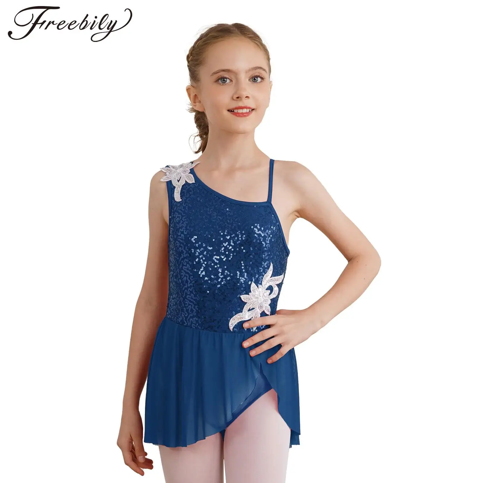 Kids Girls Figure Ice Skating Dress Ballet Dance Gymnastics Acrobatics Leotard Tutu Sleeveless Shiny Sequins Floral Dancewear