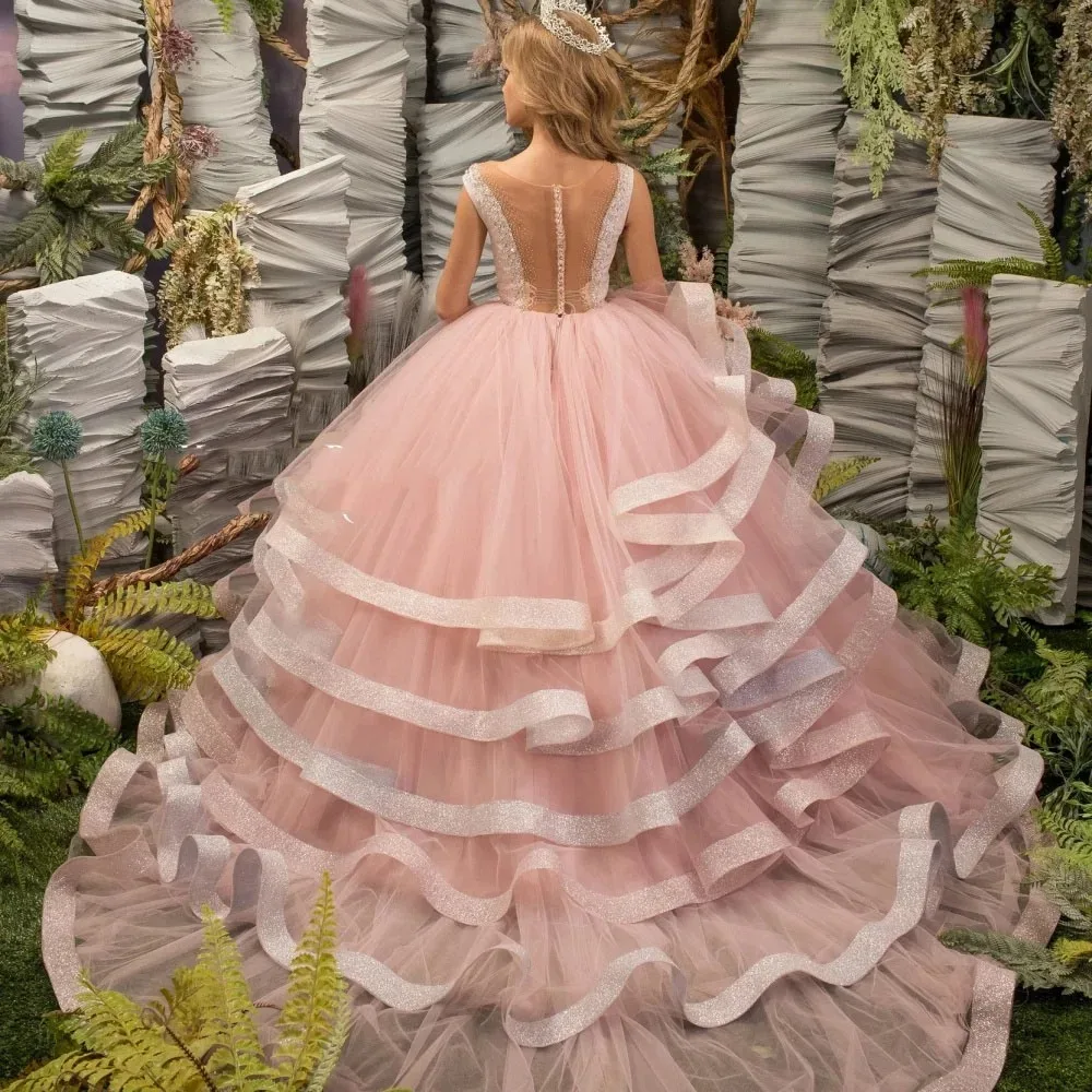 Rosa Blumenmädchenkleider für die Hochzeit, Kristall, mehrlagig, ärmellos, Baby-Geburtstagsparty-Kleider, Erstkommunion-Kleider, individuell gestaltet