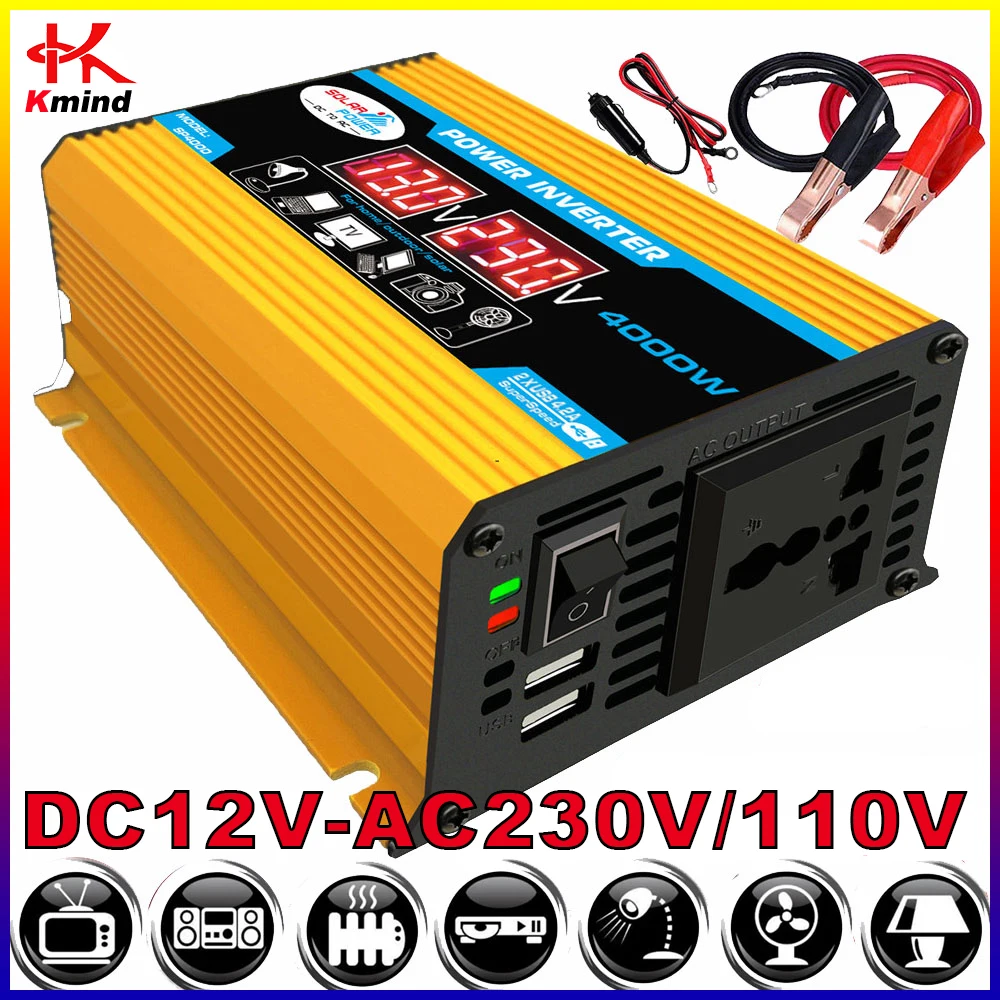 

Kmind Car Power Inverter 12V 220V CONVERTER 230V 110V 300W Peak 4000W DC to AC Transformer Converter 220 110 V Charge Solar