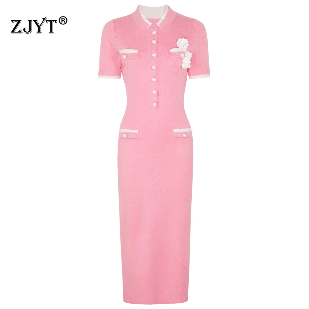 ZJYT 秋冬新ファッション女性ピンクニットセータードレス半袖エレガントな甘いピンクパーティーボディコンドレス女性