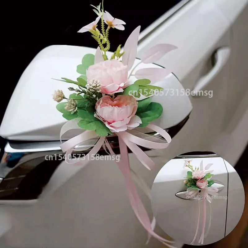 4 STKS Kunstbloem Decoratie Outdoor Auto Spiegel Deur Romantische Bloemen Bruiloft Decor Lint Nep Bloem Decoratie Benodigdheden