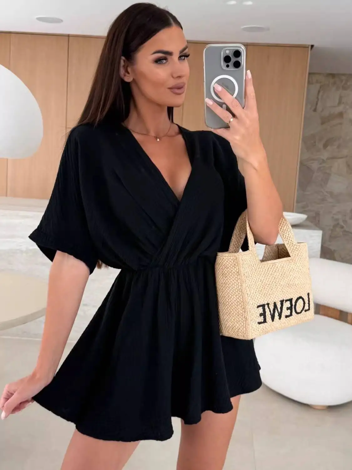 

2026 New Summer Women's Gray V Neck Elastic Waist Dolman Sleeve Wide Leg Romper Casual Short Jumpsuit for Daily Wear