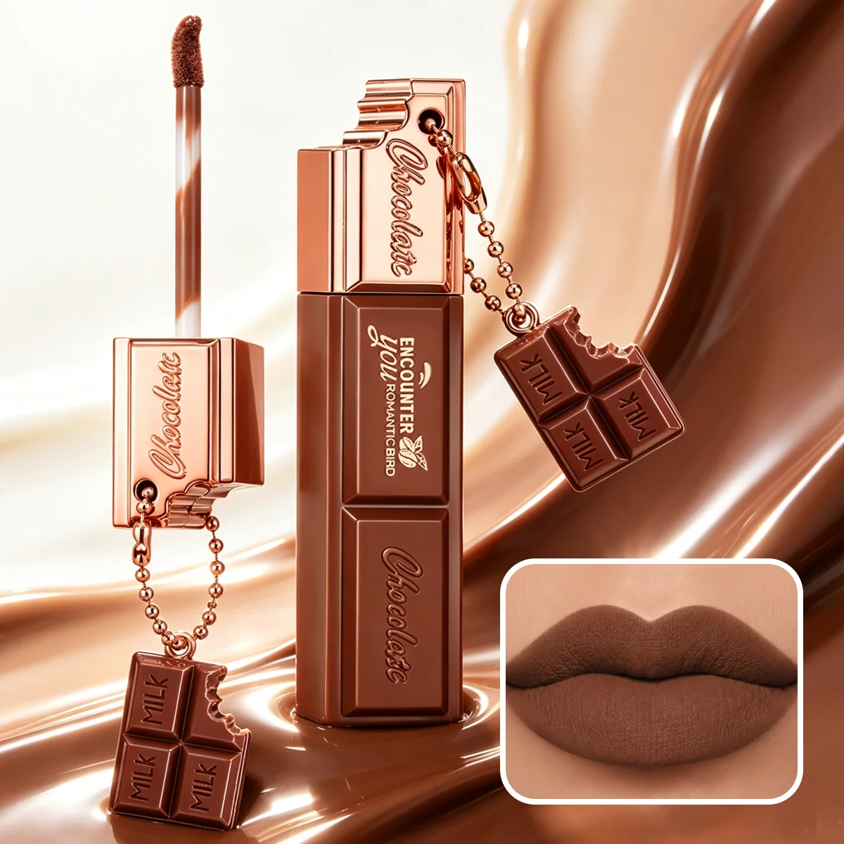 Chocolate Pendant Matte Liquid Lipstick Waterproof Velvet Lip Gloss Long‑Lasting Brown Lip Makeup