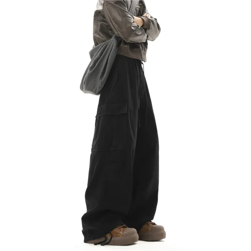 Multi-pockets Cargo Pants Men Women Hip-hop Wide-leg Mopping Trousers Vintage Loose Casual Spring Couple Unisex Drawstring Pants